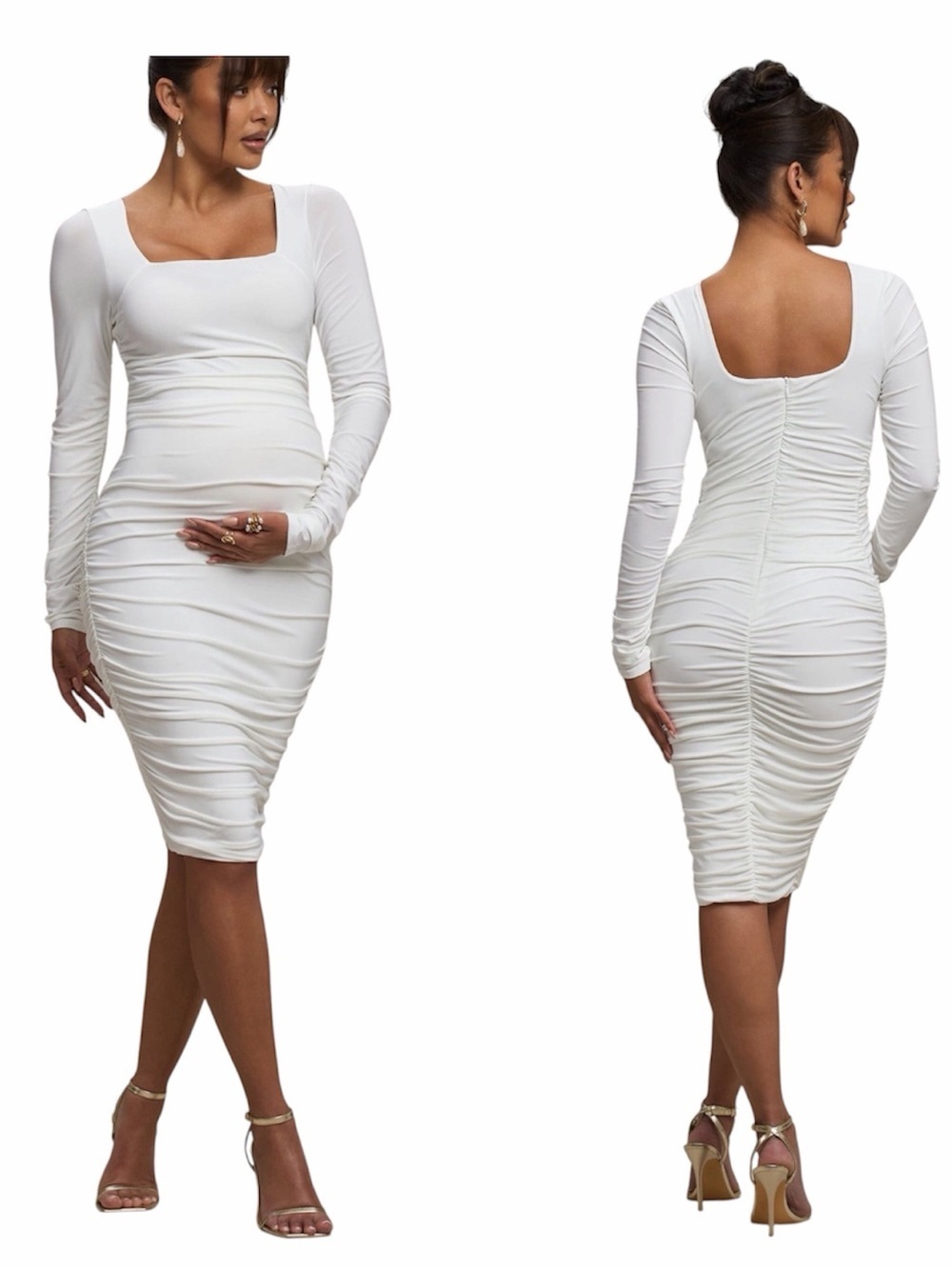 NWT Club L London NEW LIFE White Maternity Square Neck Ruched Midi Dress Size 10